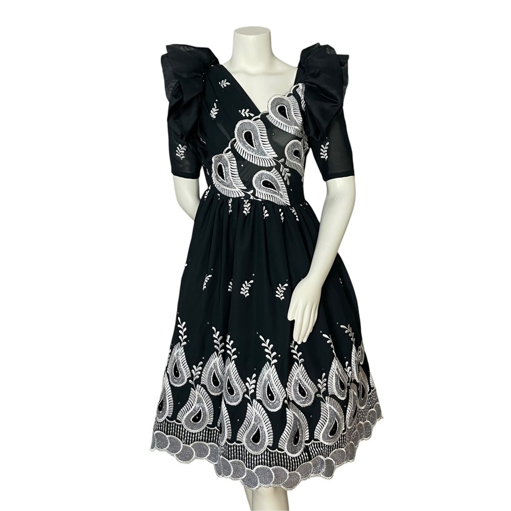 Handmade Dress Dramatic Sleeves Fit and Flare Ruffles Paisley Black Embroidery